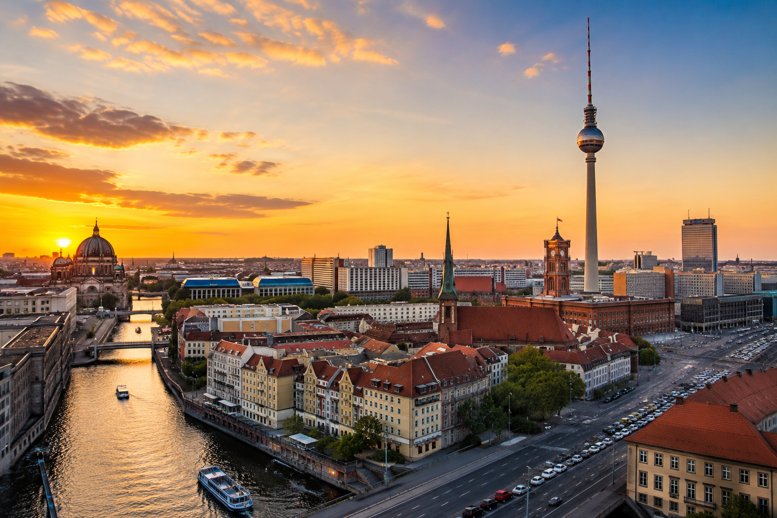 German city skyline at sunset
